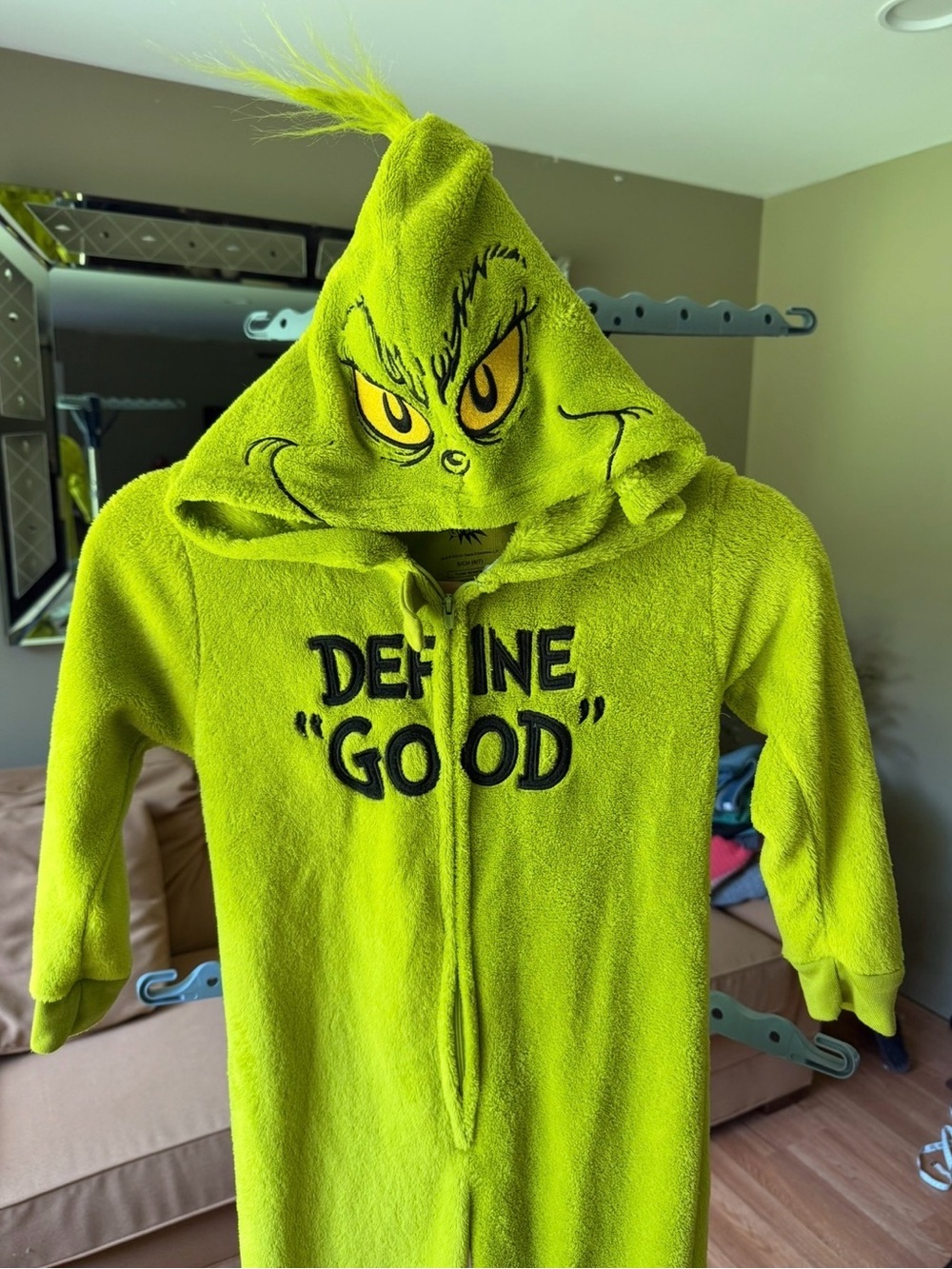 Dr. Seuss Grinch Bright Lime Green Fuzzy Hooded Zip-Up 6/7